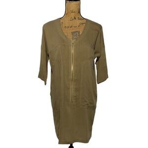 Koch Dress SMALL Taupe Green Tencel Dolman Half Sl Zip Front Pocket Shirt USA‎